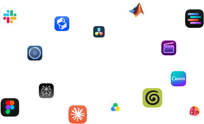 Verschiedene App Symbole sind angeordnet um den Text: Mit macOS fliegen deine Apps