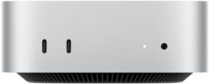 Mac mini, Vorderansicht, Gehäuse in Silber, zwei USB‑C Anschlüsse, Ein‑/Ausschalter, Statusanzeige, Lüftungsgitter unten