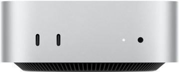 Mac mini, Vorderseite, zwei Thunderbolt Anschlüsse, Statusanzeige und Kopfhöreranschluss, schmal zulaufende Basis unten, flache Oberseite, gerundete Ecken, gerade Kanten, Farbe Silber