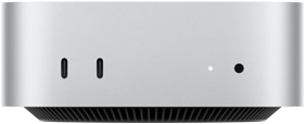 Mac mini, Vorderseite, zwei Thunderbolt Anschlüsse, Statusanzeige und Kopfhöreranschluss, schmal zulaufende Basis unten, flache Oberseite, gerundete Ecken, gerade Kanten, Farbe Silber