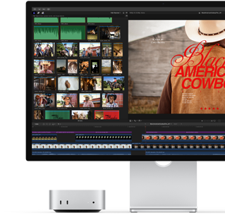 Der Mac mini mit Studio Display, das Display zeigt einen Vorspann eines Films namens Black American Cowboy auf der rechten Seite sowie mehrere Standbilder auf der linken Seite