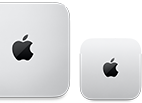 Zwei Mac mini Geräte, Oberseite, Aluminium in Silber, gerundete Ecken, glänzendes schwarzes Apple Logo in der Mitte, das Gerät auf der linken Seite ist die neuere Version und nicht mal halb so gross wie das Gerät auf der rechten Seite