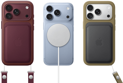 iPhone 18 Pro, Rückseite, Farbe Burgunder, Feingewebe Wallet mit MagSafe in Burgunder; iPhone 18 Pro, Rückseite, Farbe Polar, mit MagSafe Batterie; iPhone 18 Pro, Rückseite, Farbe Silber, mit Silikon Case in Grün und MagSafe Ladegerät
