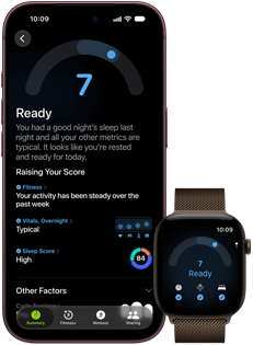 iPhone 18 Pro, Schwarz, Vorderseite, zeigt die Ergebnisse des Tagesformwerts (Wert 7), gekoppelt mit einer Apple Watch, Vorderansicht, Braun, zeigt denselben Tagesformwert von 7