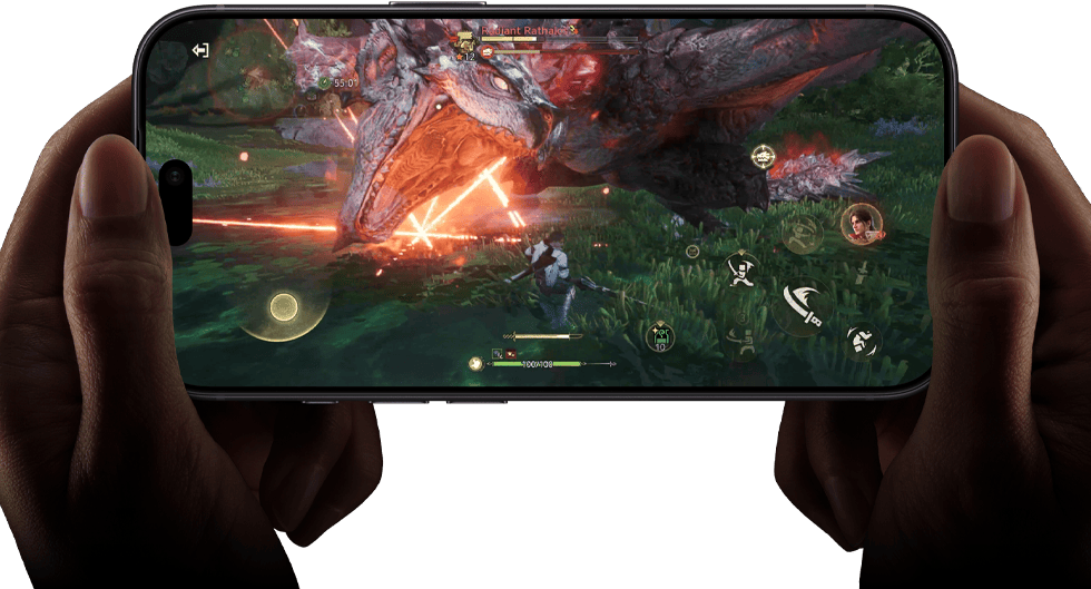 Vorderseite eines iPhone 18 Pro, die die Leistungsfähigkeit des A20 Pro Chip mit einer Szene aus Monster Hunter Outlanders zeigt
