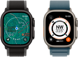 Zwei Apple Watch Ultra 3 Geräte, eines zeigt Karten und das andere Backtrack Funktionen, darunter Kompass, Höhenmeter und markierte Wegpunkte