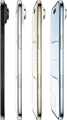 iPhone Air, Seitenansicht, alle vier Farben, Himmelblau, Lichtgold, Wolkenweiss, Space Black, sehr dünnes Profil, Fusion Kamera-System, Tasten: Seite, Kamerasteuerung