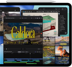 iPad Pro, Vorderansicht, Querformat, Farbe Space Schwarz, ein Apple Pencil haftet oben am Gerät, das Display zeigt mehrere App Fenster nebeneinander, darunter Final Cut Pro mit Videobearbeitungsfeatures und Timeline, Karten, Notizen und verschiedene Medienclips