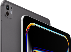 iPad Pro, Rückseite, Farbe Space Schwarz, Lautstärketasten und Pro Kamera-System, iPad Pro, Vorderseite, Farbe Silber, gerundete Ecken, schwarzer Displayrand, Display mit schwarzem Hintergrund und mehrfarbigen abstrakten Linienzeichnungen