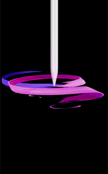Apple Pencil Pro, Vorderseite, Hochformat, Seitenprofil, Farbe Weiss, abstrakte Zeichnung von violetten und rosafarbenen Bändern