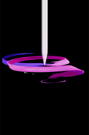Apple Pencil Pro, Vorderseite, Hochformat, Seitenprofil, Farbe Weiss, abstrakte Zeichnung von violetten und rosafarbenen Bändern
