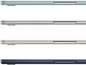 Seitenansicht von vier MacBook Air Laptops in vier verschiedenen Farben