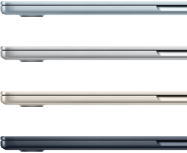 Seitenansicht von vier MacBook Air Laptops in vier verschiedenen Farben