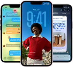 Drei iPhone 17e Geräte, die die Nachrichten App mit Liquid Glass Design, dynamischem Sperrbildschirm und Apple Intelligence in Aktion zeigen