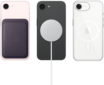 iPhone 17e in Farbe Hellrosa mit Feingewebe Wallet in Farbe Mitternachtviolett, iPhone 17e in Farbe Schwarz mit Silikon Case in Farbe Schwarz und MagSafe Ladegerät, iPhone 17e in Farbe Weiß mit Clear Case mit MagSafe