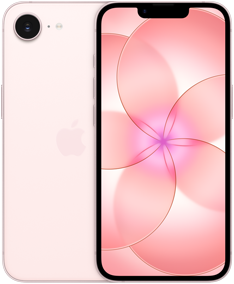 Nebeneinander, iPhone 17e, Rückseite, Farbe Hellrosa, Fusion Kamera-System oben links, iPhone 17e, Vorderseite, All-Screen Design