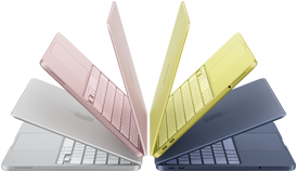 MacBook Neo Laptops in den Farben Silber, Rosa, Zitrus und Indigo, halb geöffnet und in einem Halbkreis angeordnet