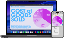 Ein 14 Zoll MacBook Pro mit M5 und ein iPhone 17 Pro Max zeigen das Integrationsfeature anhand einer Keynote Präsentation mit Kreisdiagramm