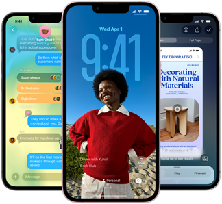 Three iPhone 17e devices, showing Messages app with Liquid Glass design, dynamic Lock Screen, and Apple Intelligence in use