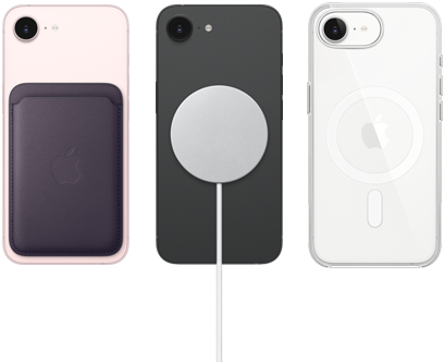 iPhone 17e in soft pink color with FineWoven Wallet in midnight purple color, iPhone 17e in black color with Silicone Case in black color and MagSafe Charger, iPhone 17e in white color with Clear Case with MagSafe