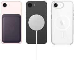 iPhone 17e in soft pink color with FineWoven Wallet in midnight purple color, iPhone 17e in black color with Silicone Case in black color and MagSafe Charger, iPhone 17e in white color with Clear Case with MagSafe
