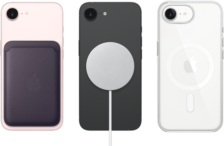 iPhone 17e, back exterior, soft pink color, FineWoven Wallet with MagSafe attached, iPhone 17e, back exterior, black color, MagSafe Charger attached, iPhone 17e, back exterior, white color, Clear Case with MagSafe attached