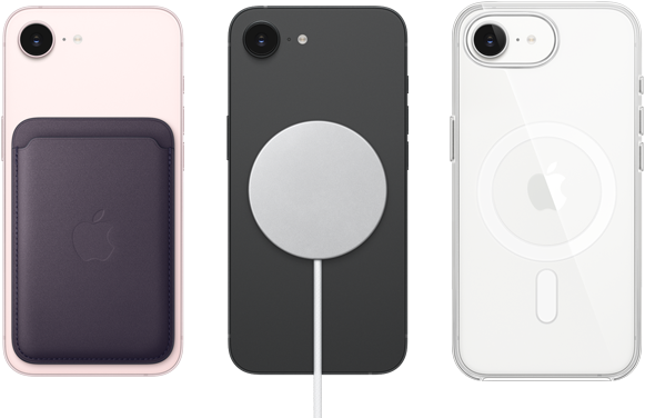 iPhone 17e, back exterior, soft pink color, FineWoven Wallet with MagSafe attached, iPhone 17e, back exterior, black color, MagSafe Charger attached, iPhone 17e, back exterior, white color, Clear Case with MagSafe attached