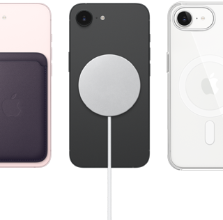 iPhone 17e, back exterior, soft pink color, FineWoven Wallet with MagSafe attached, iPhone 17e, back exterior, black color, MagSafe Charger attached, iPhone 17e, back exterior, white color, Clear Case with MagSafe attached