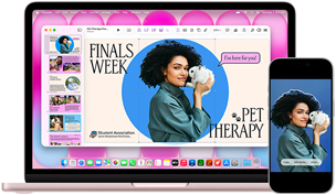 MacBook Neo, blush color, next to iPhone, MacBook Neo screen shows presentation titled Finals Week Pet Therapy with photo of a person holding a guinea pig, iPhone screen shows same photo, which has been turned into a sticker to use in presentation