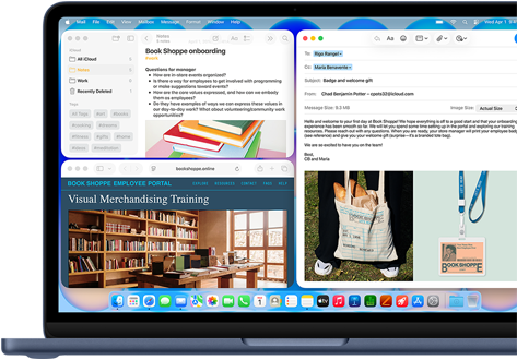 MacBook Neo, indigo color, screen shows composing a welcome email to new employee of bookstore, other tiled windows contain Notes doc about onboarding and bookstore's employee portal website in Safari