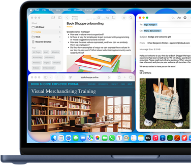 MacBook Neo, indigo color, screen shows composing a welcome email to new employee of bookstore, other tiled windows contain Notes doc about onboarding and bookstore's employee portal website in Safari