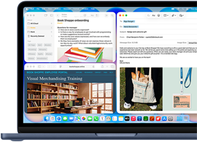 MacBook Neo, indigo color, screen shows composing a welcome email to new employee of bookstore, other tiled windows contain Notes doc about onboarding and bookstore's employee portal website in Safari