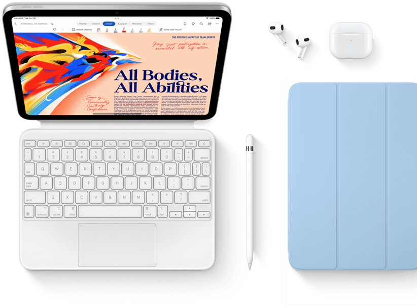 iPad, Magic Keyboard Folio, Apple Pencil, AirPods und Smart Folio sind abgebildet.