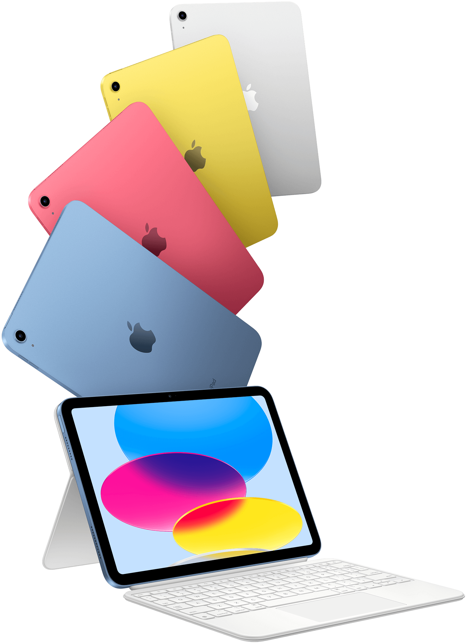 iPad in Blau, Pink, Gelb und Silber und ein iPad verbunden mit dem Magic Keyboard Folio.