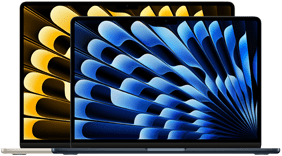 Vorderansicht der 13" und 15" MacBook Air Modelle, die die Displaygrössen (diagonal gemessen) zeigt