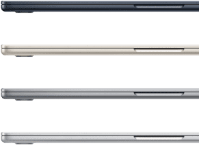 Vier MacBook Air Laptops in den erhältlichen Farben: Mitternacht, Polarstern, Space Grau und Silber