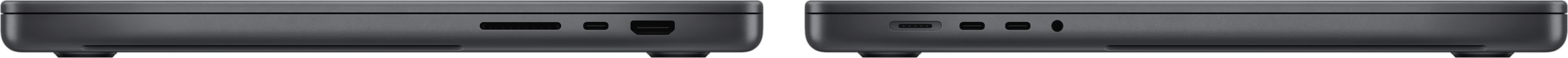 Seitenansicht des MacBook Pro, die den SDXC Kartensteckplatz, drei Thunderbolt 4 Anschlüsse, den HDMI Anschluss, den MagSafe 3 Ladeanschluss und den Kopfhöreranschluss zeigt.