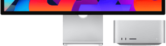 Nahansicht eines Mac Studio neben dem Studio Display. Der Mac Studio passt perfekt unter den unteren Rand des Studio Display.