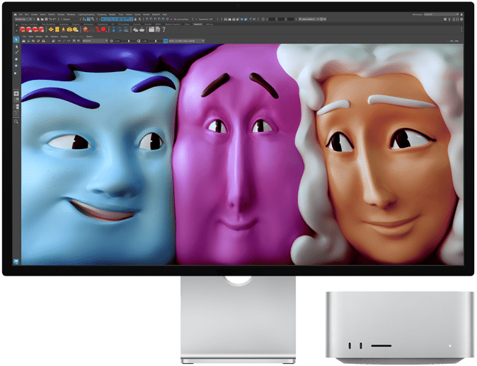 Vorderansicht des Mac Studio mit Studio Display