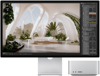 Vorderansicht eines Studio Display neben dem Mac Studio