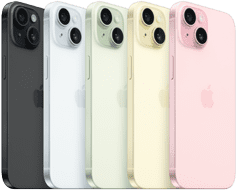iPhone 15, Rückseite mit fortschrittlichem Kamera‑System und durchgefärbtem Glas in allen Farben: Schwarz, Blau, Grün, Gelb, Pink.