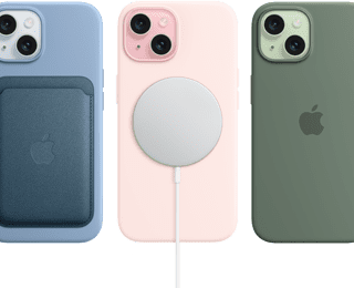 iPhone 15 und iPhone 15 Silikon Case mit MagSafe, Feingewebe Wallet mit MagSafe, MagSafe Ladegerät, Externe MagSafe Batterie.