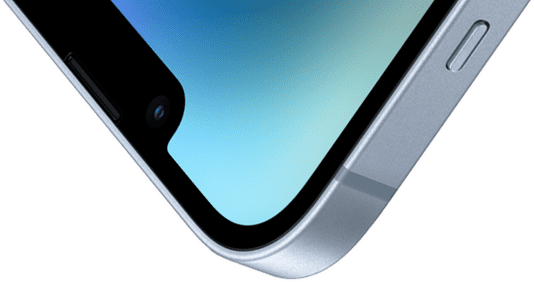 Obere linke Ecke eines iPhone 14 mit Ceramic Shield Vorderseite.