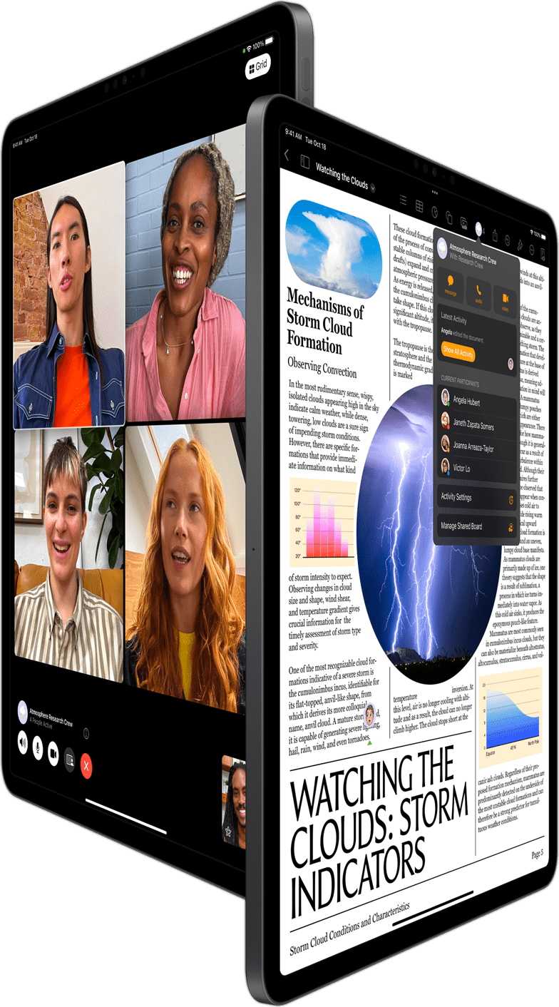 Gruppen FaceTime und Zusammenarbeit in Pages sind auf zwei iPad Pro Geräten zu sehen