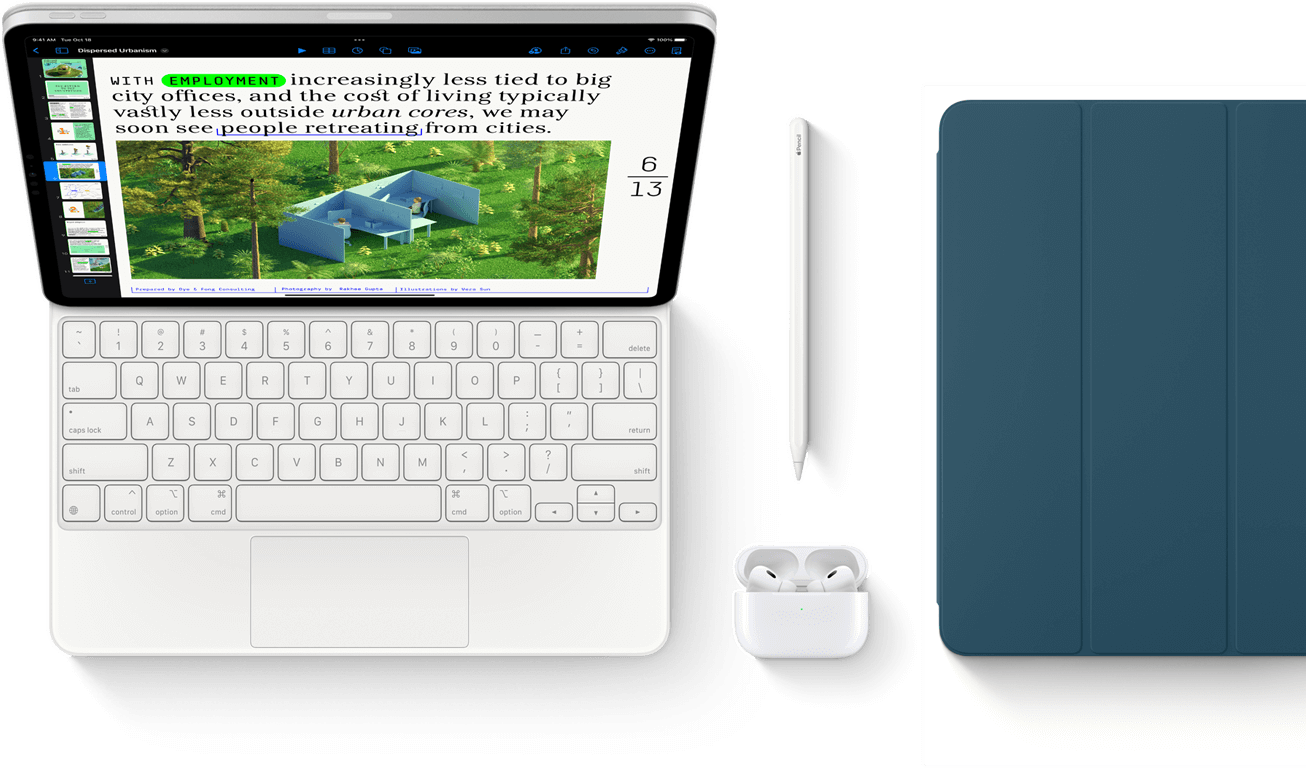 Smart Keyboard Folio, Apple Pencil, AirPods Pro und iPad Cover in Marineblau