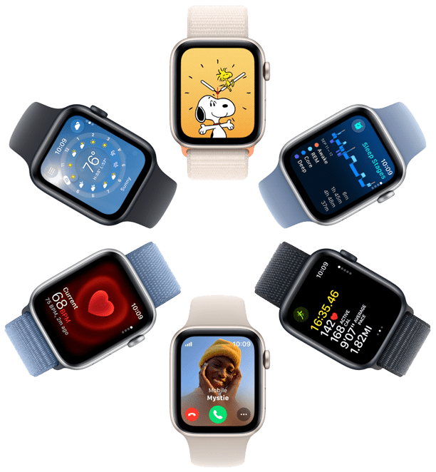 Draufsicht auf sechs Apple Watch SE Displays mit einem Snoopy Hintergrundbild, Schlaf App Einblicken, Trainingsapp Messwerten, einem eingehenden Anruf, Herzfrequenz und Wetter App.