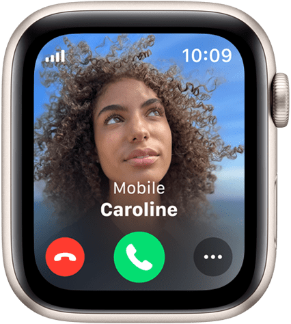 Apple Watch SE mit einem eingehenden Anruf mit dem Bild und Namen der Anruferin.