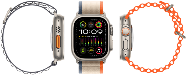 Apple Watch Ultra 2 mit drei verschiedenen Armbandarten, grossem Display, robustem Titangehäuse, Action Button in Orange und Digital Crown