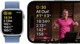 Trainingsdaten auf der Apple Watch und ein Apple Fitness+ Training auf dem iPhone