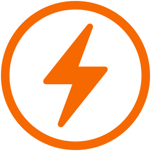 Ein orangefarbenes Blitz Symbol in einem orangefarbenen Kreis zeigt die Batterielaufzeit